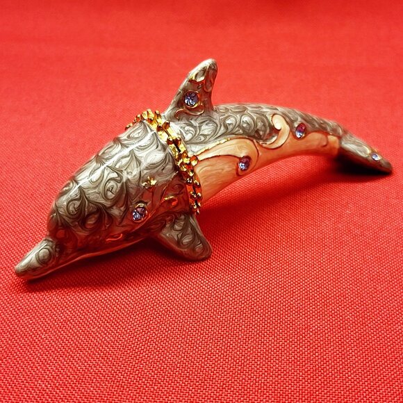 Metal Enamel Dolphin Trinket Box Hinged Rhinestone Accents - Picture 3 of 15